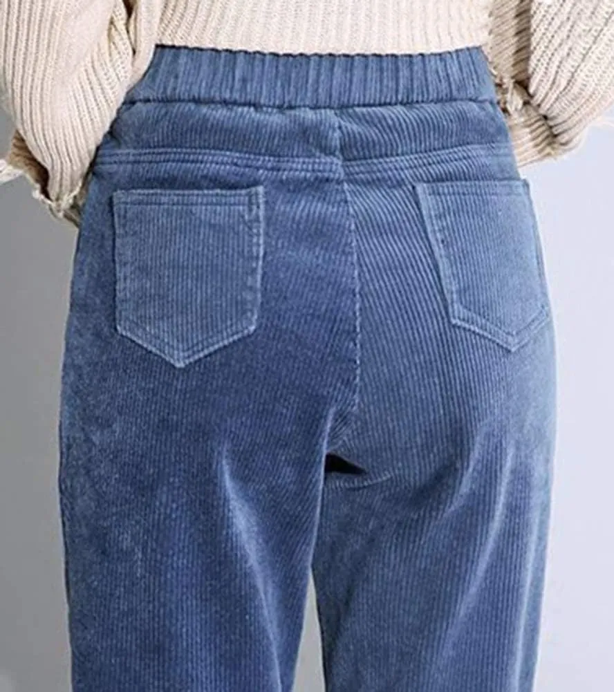 Women's Cropped Corduroy Pants High Waist Retro Casual Button Trouser with Pockets