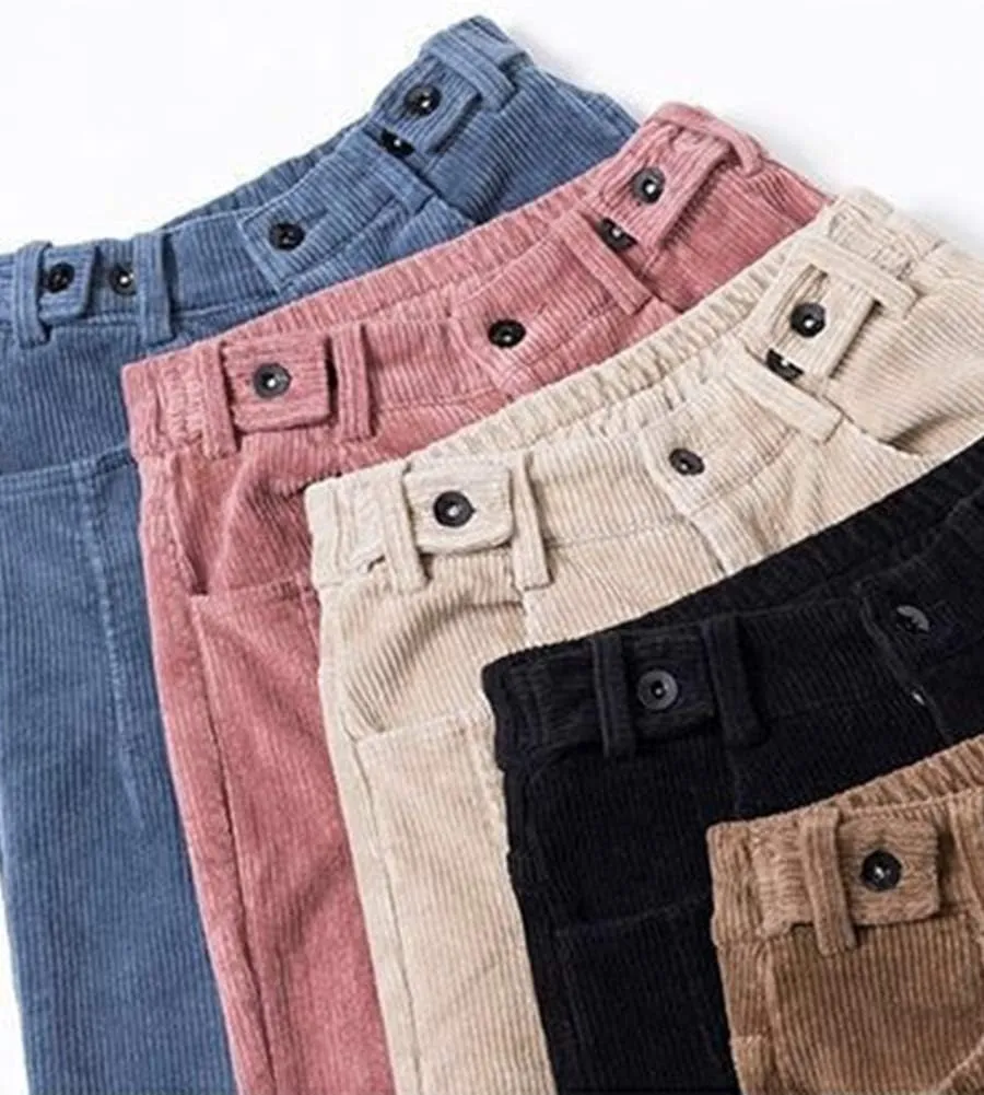 Women's Cropped Corduroy Pants High Waist Retro Casual Button Trouser with Pockets