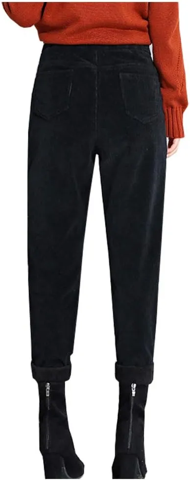 Women's Cropped Corduroy Pants High Waist Retro Casual Button Trouser with Pockets