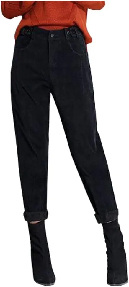 Women's Cropped Corduroy Pants High Waist Retro Casual Button Trouser with Pockets