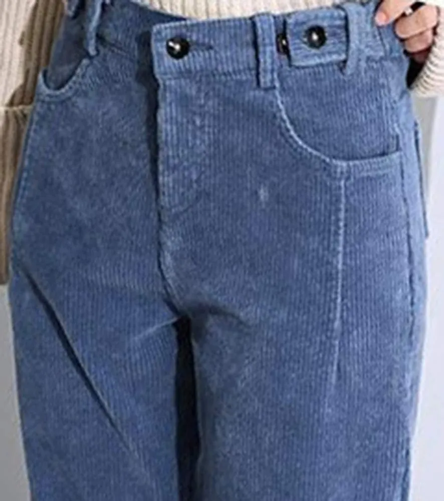 Women's Cropped Corduroy Pants High Waist Retro Casual Button Trouser with Pockets