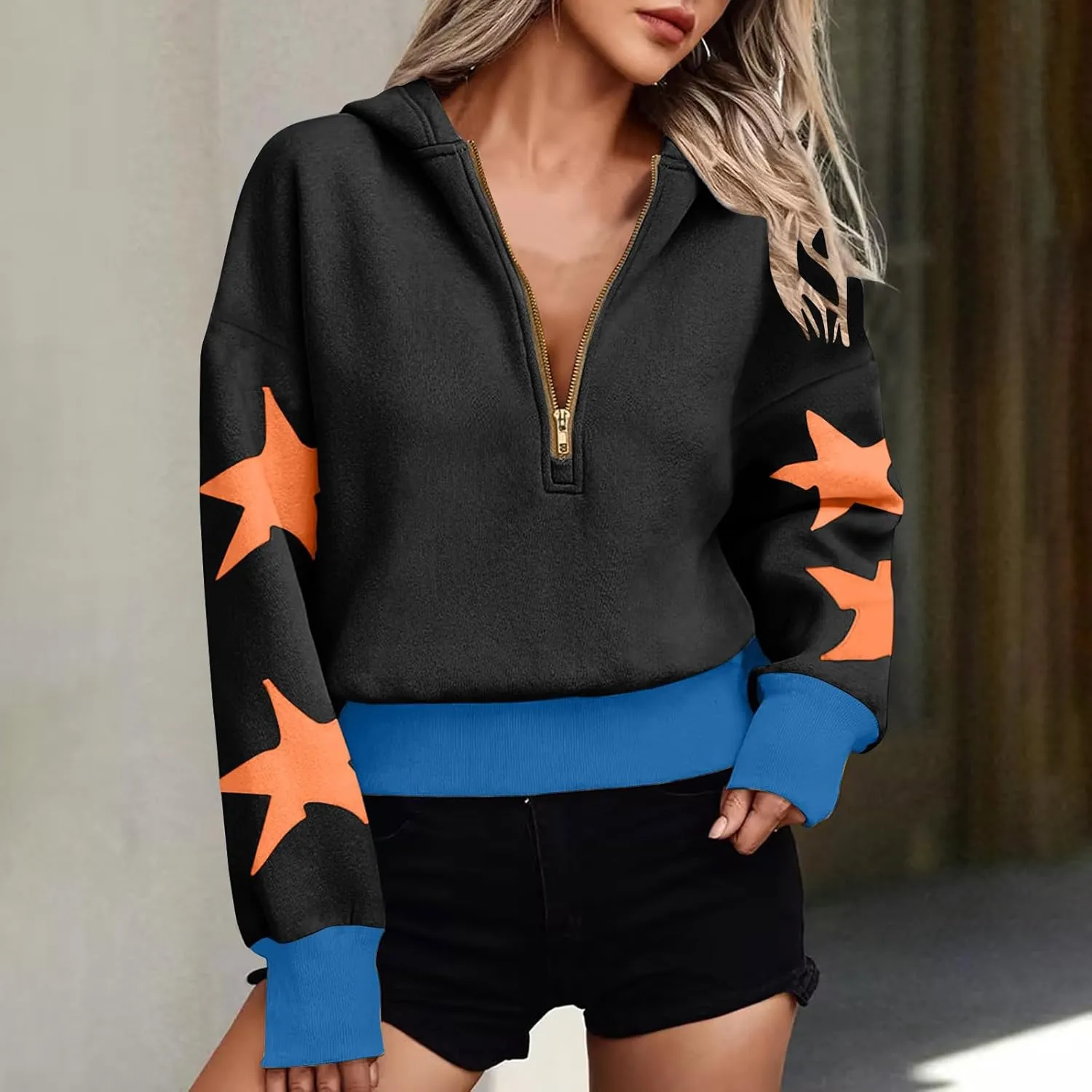 Womens Cropped Oversized Hoodies Long Sleeve Half Zip Pullover Sweatshirts 2024 Fashion Outfits Cute Y2K Clothes