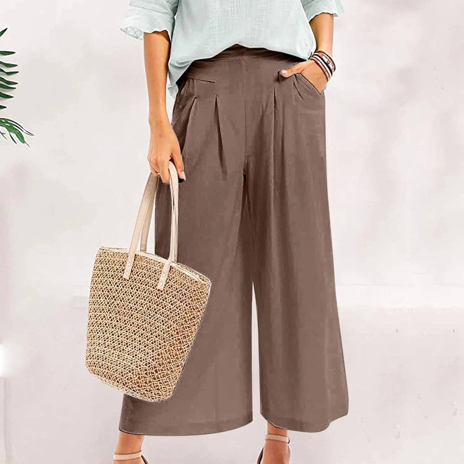 Women's Culottes Linen Blend Wide Leg Pants Elastic Waist Casual Palazzo Pants Soft Lounge Beach Trousers with Pocket