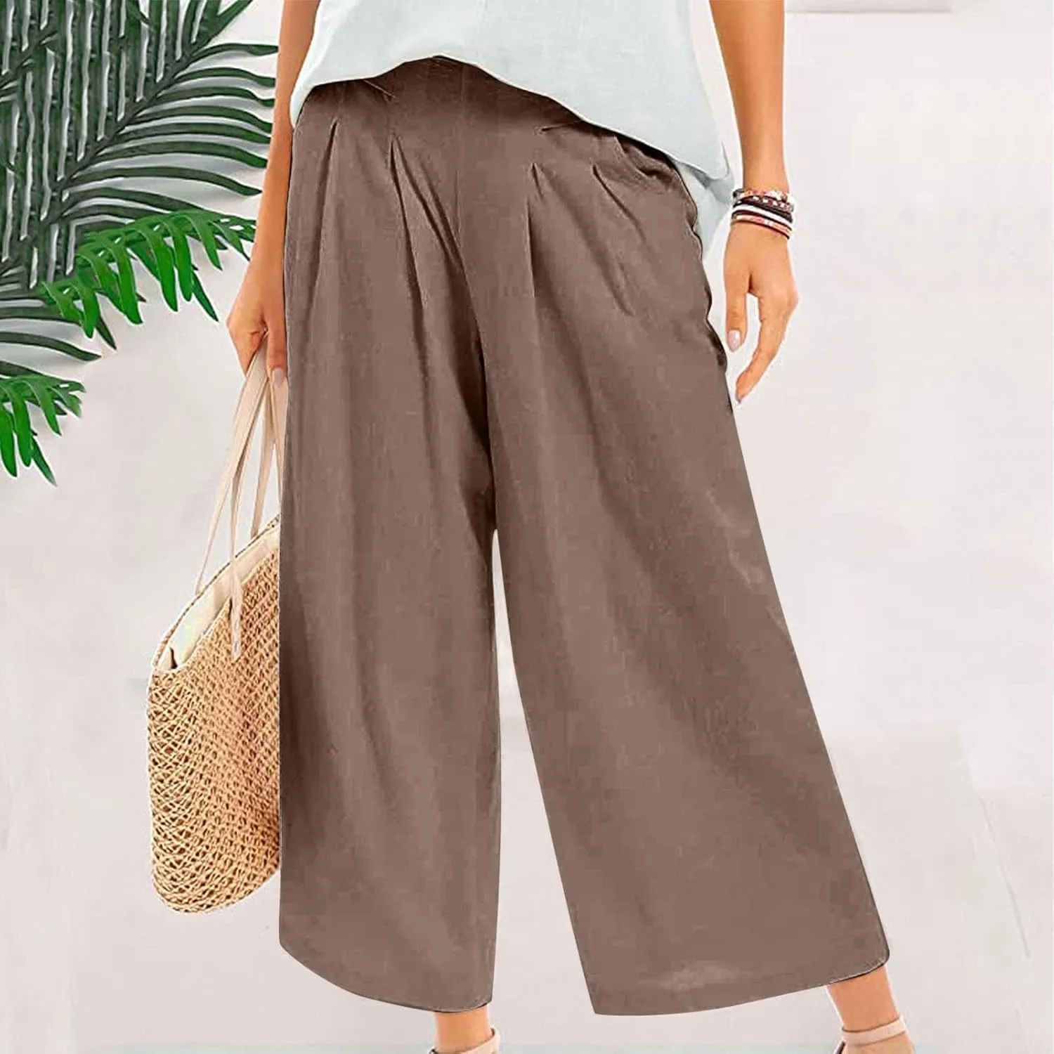 Women's Culottes Linen Blend Wide Leg Pants Elastic Waist Casual Palazzo Pants Soft Lounge Beach Trousers with Pocket