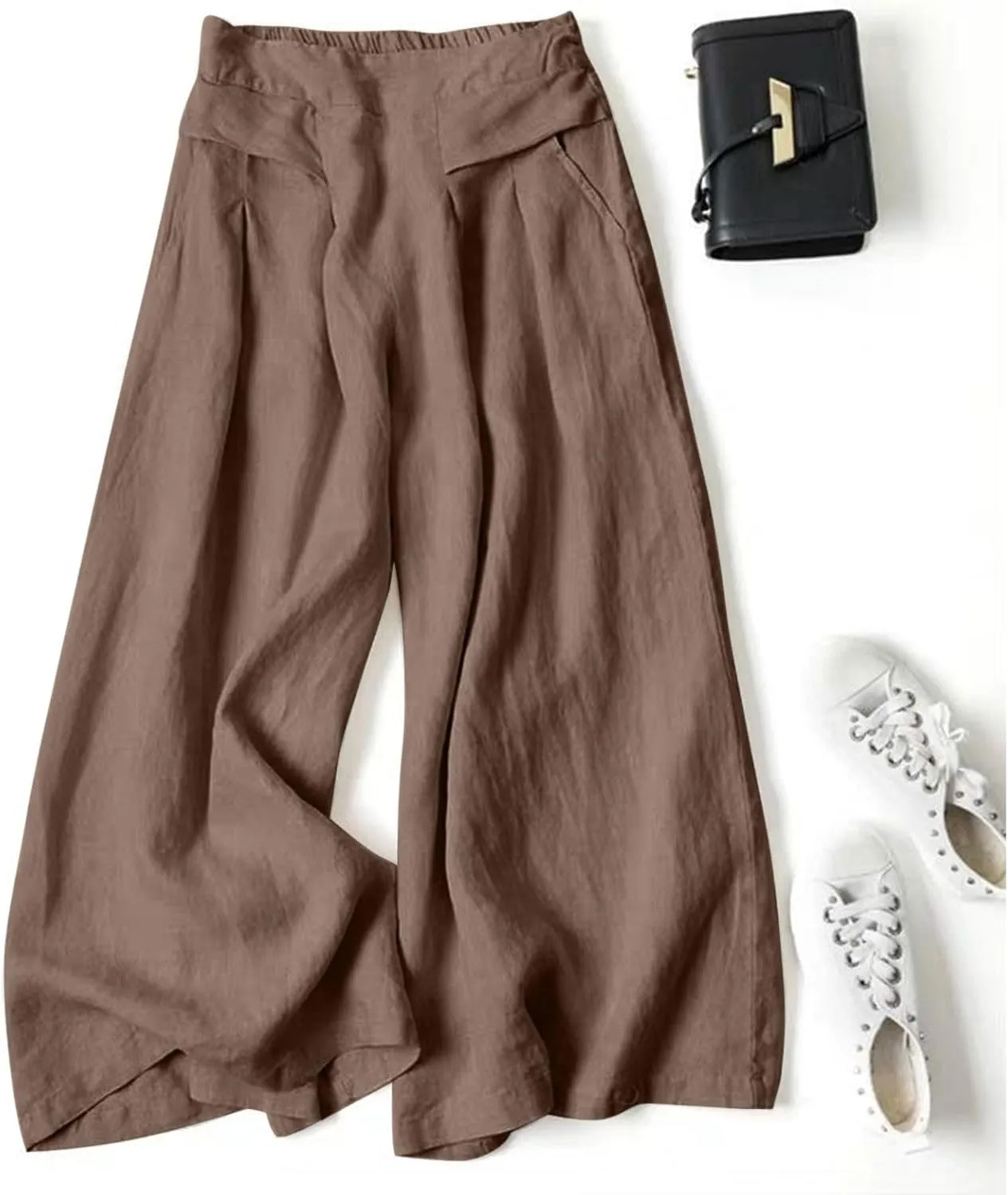 Women's Culottes Linen Blend Wide Leg Pants Elastic Waist Casual Palazzo Pants Soft Lounge Beach Trousers with Pocket