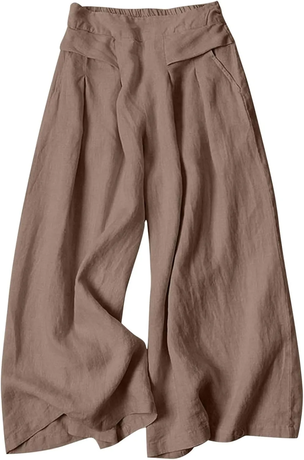 Women's Culottes Linen Blend Wide Leg Pants Elastic Waist Casual Palazzo Pants Soft Lounge Beach Trousers with Pocket