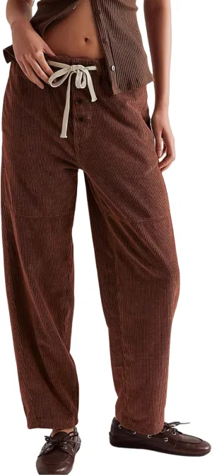 Women's Drawstring Corduroy Pants Mid Waist Straight Wide Leg Baggy Barrel Jeans Trouser