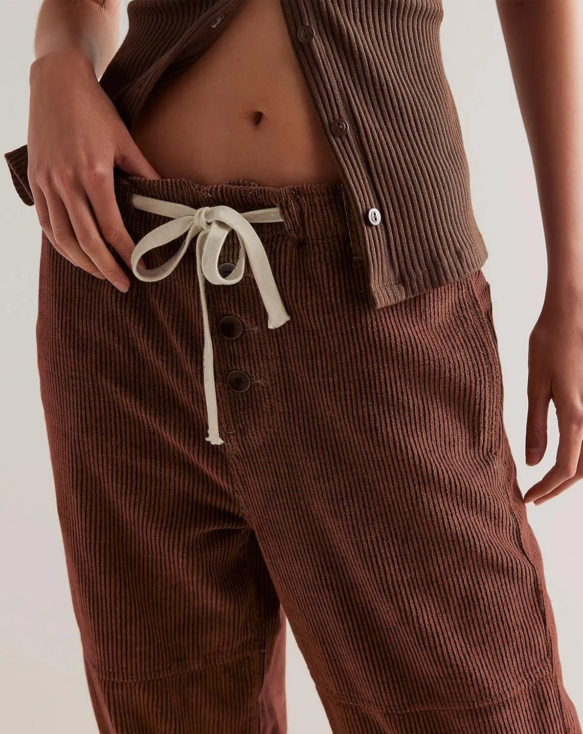 Women's Drawstring Corduroy Pants Mid Waist Straight Wide Leg Baggy Barrel Jeans Trouser