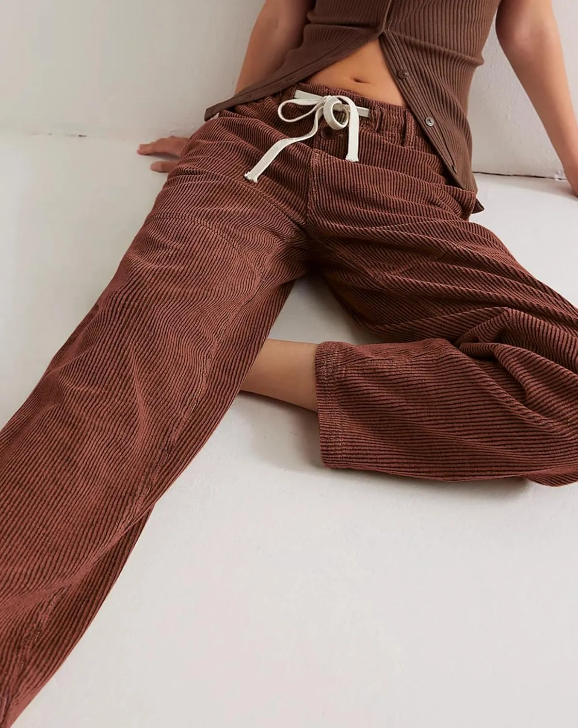 Women's Drawstring Corduroy Pants Mid Waist Straight Wide Leg Baggy Barrel Jeans Trouser