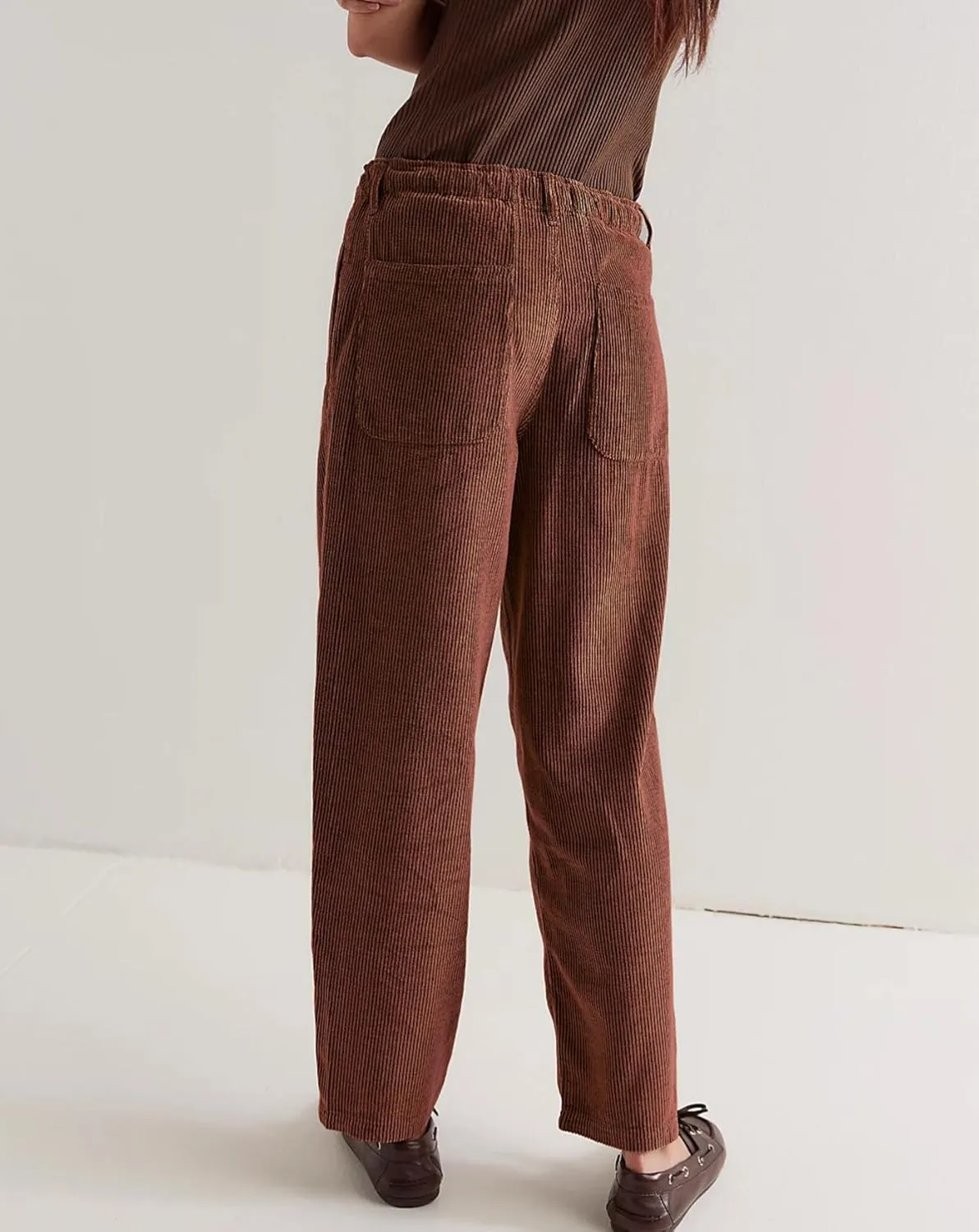Women's Drawstring Corduroy Pants Mid Waist Straight Wide Leg Baggy Barrel Jeans Trouser