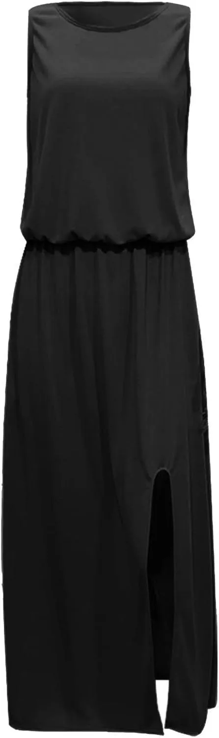 Womens Dresses 2025 Spring Summer Crew Neck Floral Flowy Swing Casual Long Dress Elegant Ruched Slit Sundress