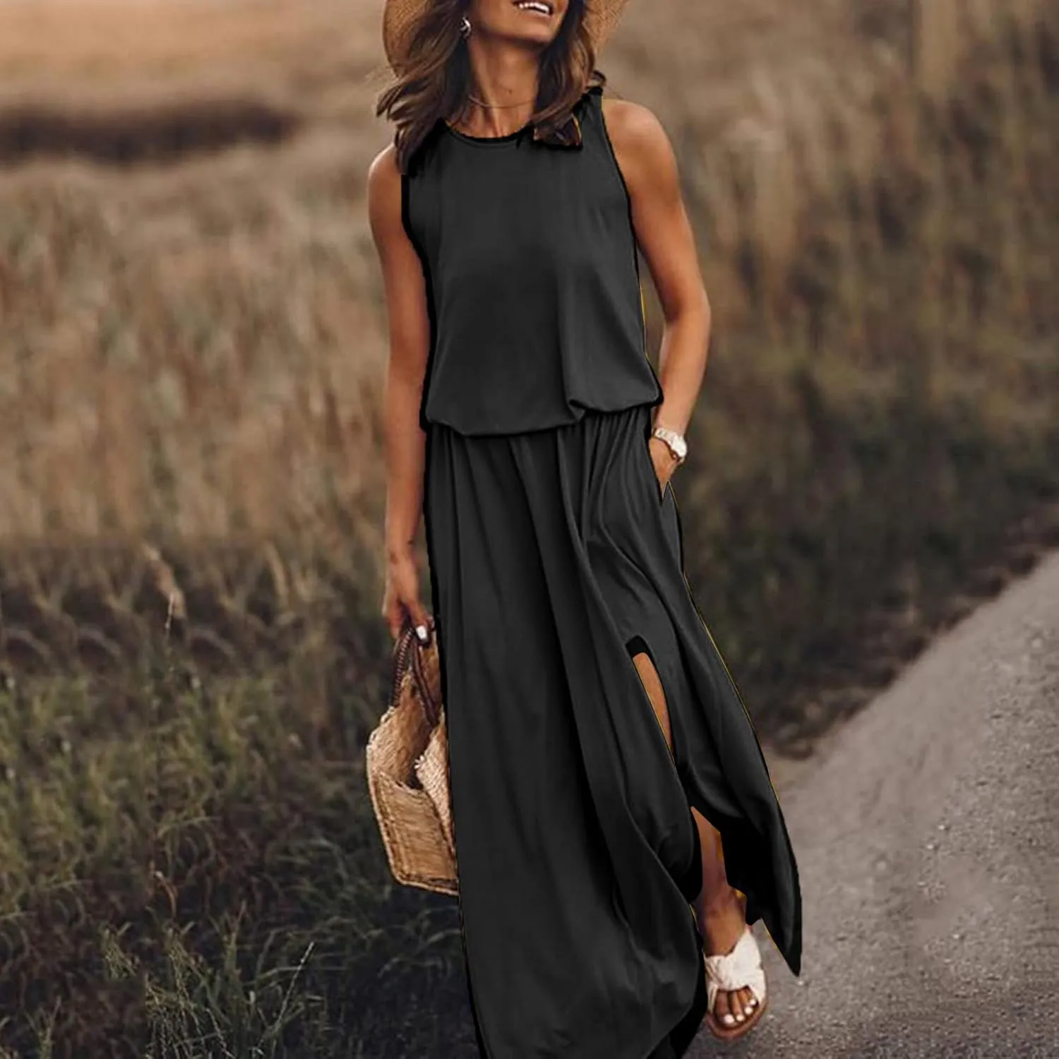 Womens Dresses 2025 Spring Summer Crew Neck Floral Flowy Swing Casual Long Dress Elegant Ruched Slit Sundress