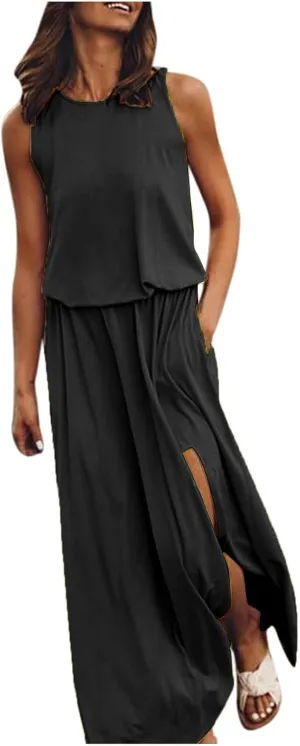 Womens Dresses 2025 Spring Summer Crew Neck Floral Flowy Swing Casual Long Dress Elegant Ruched Slit Sundress