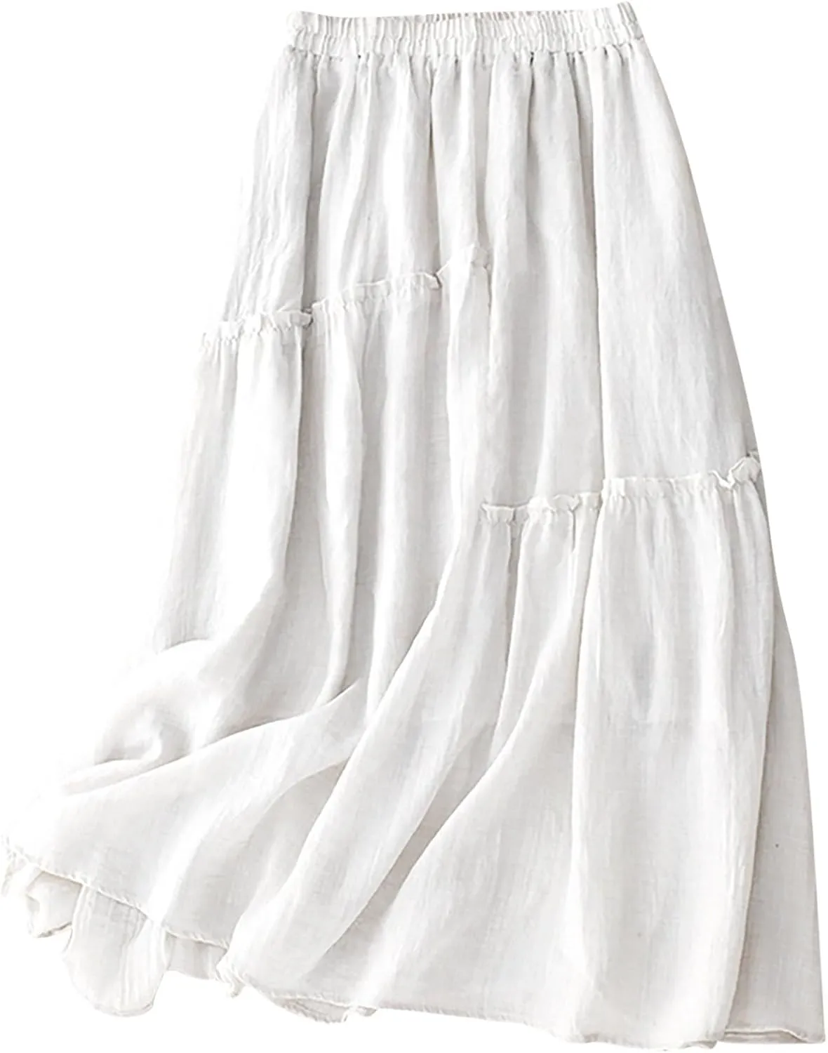 Womens Fairy Midi Skirts Summer New Double Layered Cotton Linen Skirts Elastic Waist Swing Pleated A-Line Skirts