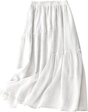Womens Fairy Midi Skirts Summer New Double Layered Cotton Linen Skirts Elastic Waist Swing Pleated A-Line Skirts