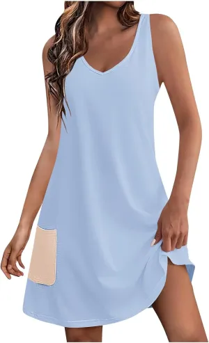Womens Fashion Spring Summer Dresses Solid Color V-Neck Straps Color Matching Curve Hem Sundress with Pocket