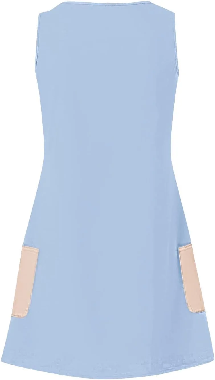 Womens Fashion Spring Summer Dresses Solid Color V-Neck Straps Color Matching Curve Hem Sundress with Pocket