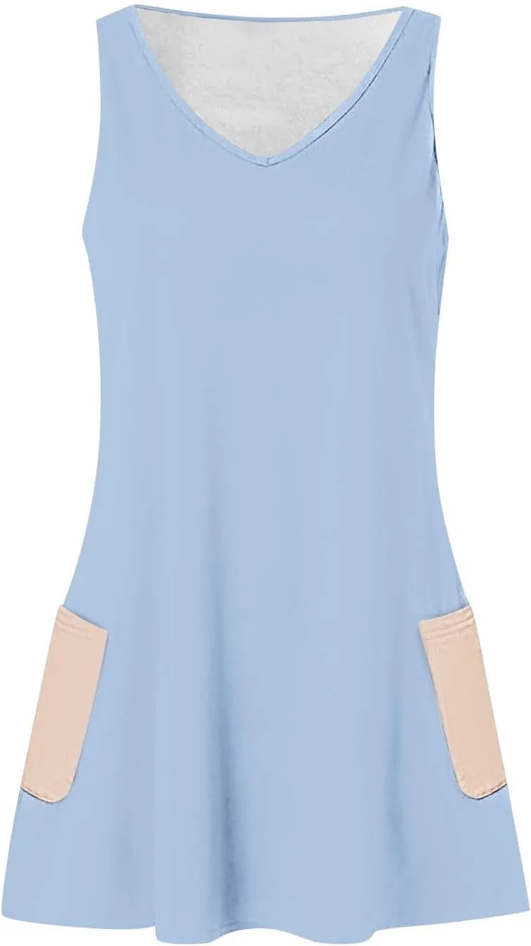 Womens Fashion Spring Summer Dresses Solid Color V-Neck Straps Color Matching Curve Hem Sundress with Pocket