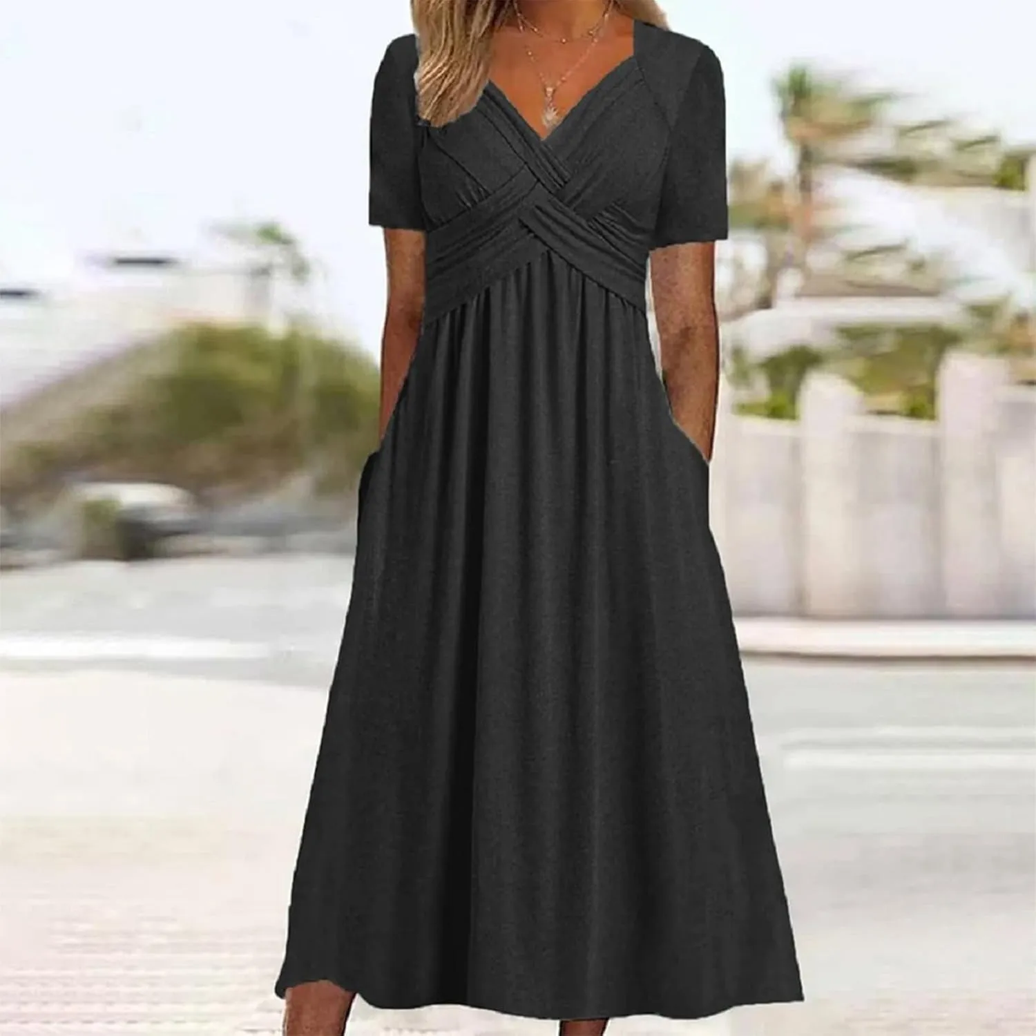 Womens Fashion Summer Dresses Casual Solid Color Crisscross Pleated Short Sleeve Beach Dress V-Neck Vacation Clothes