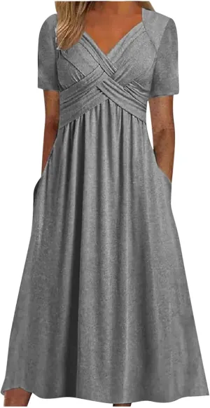 Womens Fashion Summer Dresses Casual Solid Color Crisscross Pleated Short Sleeve Beach Dress V-Neck Vacation Clothes