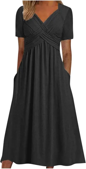 Womens Fashion Summer Dresses Casual Solid Color Crisscross Pleated Short Sleeve Beach Dress V-Neck Vacation Clothes
