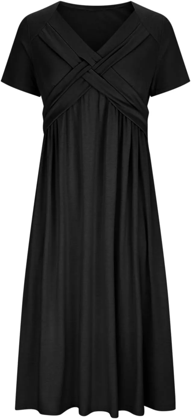 Womens Fashion Summer Dresses Casual Solid Color Crisscross Pleated Short Sleeve Beach Dress V-Neck Vacation Clothes