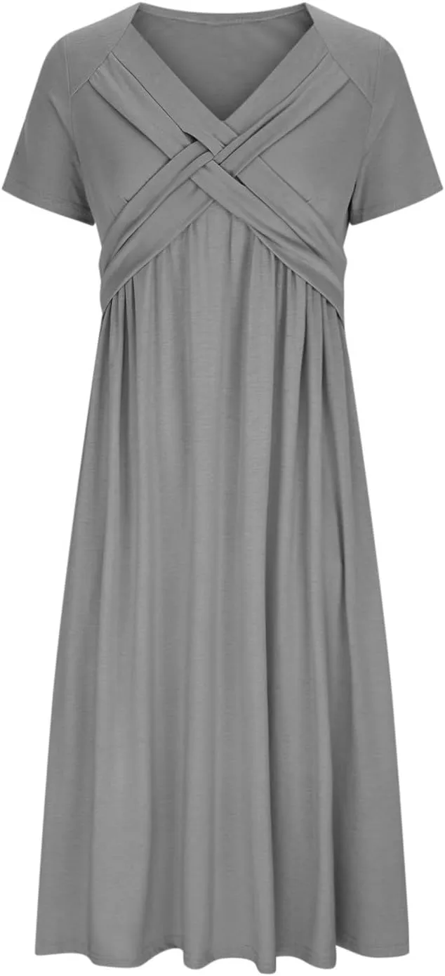 Womens Fashion Summer Dresses Casual Solid Color Crisscross Pleated Short Sleeve Beach Dress V-Neck Vacation Clothes