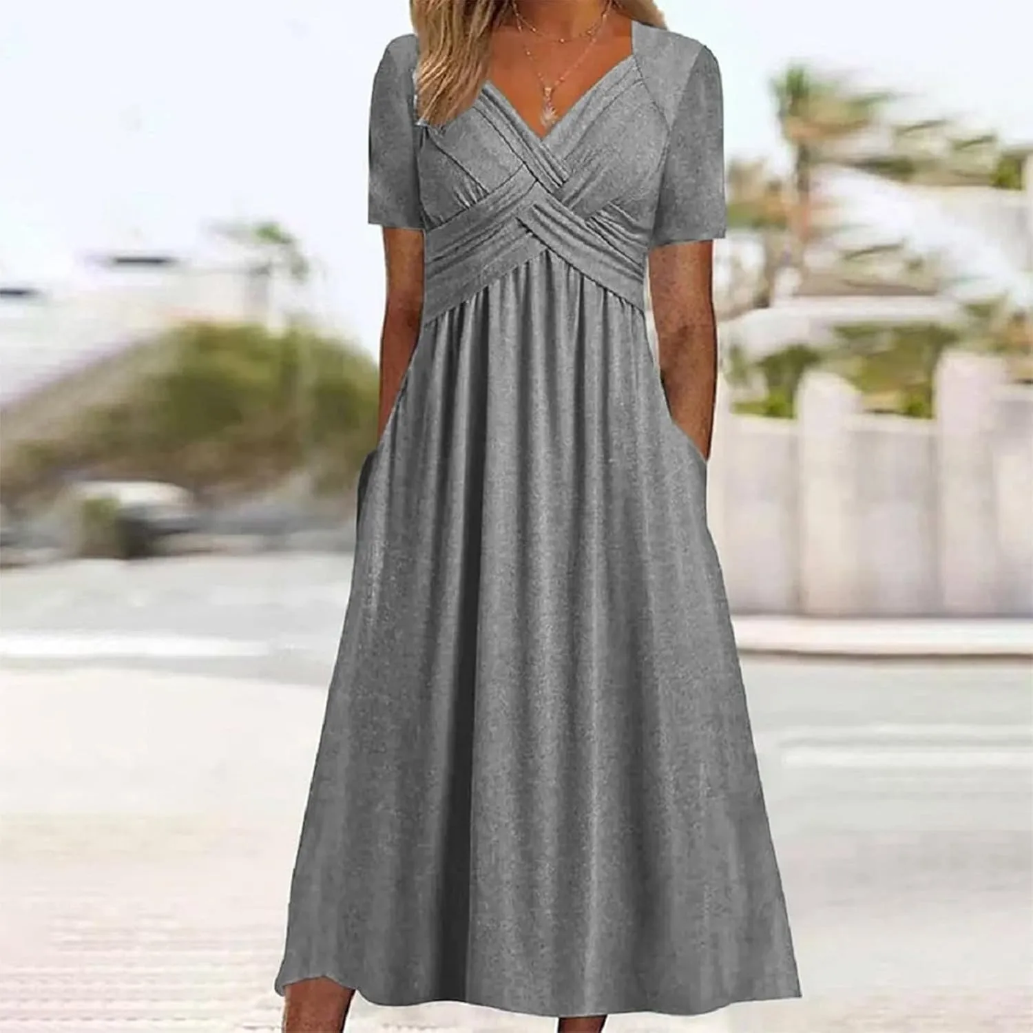 Womens Fashion Summer Dresses Casual Solid Color Crisscross Pleated Short Sleeve Beach Dress V-Neck Vacation Clothes
