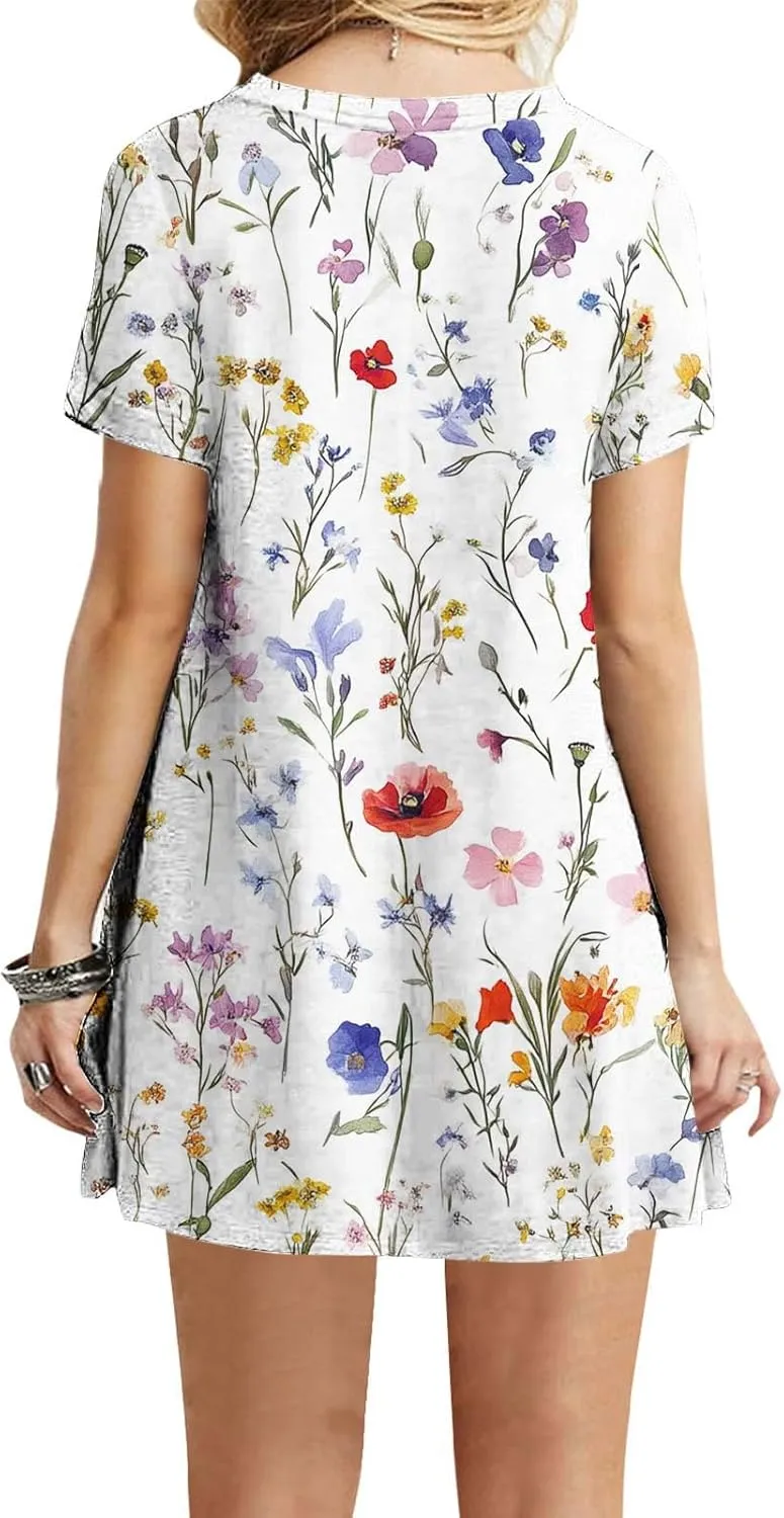 Womens Fashion Summer Shirtdress Floral Print Short Sleeve Round Neck A-Line Dresses 2025 Casual Mini Sundress
