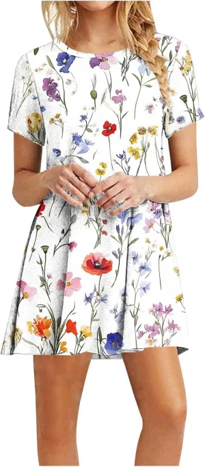 Womens Fashion Summer Shirtdress Floral Print Short Sleeve Round Neck A-Line Dresses 2025 Casual Mini Sundress