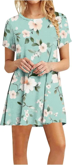 Womens Fashion Summer Shirtdress Floral Print Short Sleeve Round Neck A-Line Dresses 2025 Casual Mini Sundress