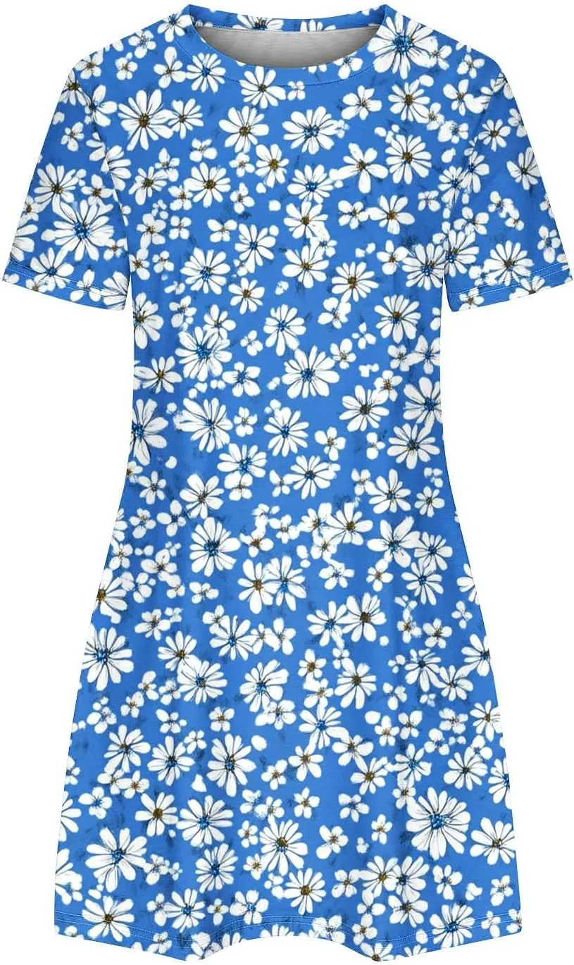 Womens Fashion Summer Shirtdress Floral Print Short Sleeve Round Neck A-Line Dresses 2025 Casual Mini Sundress
