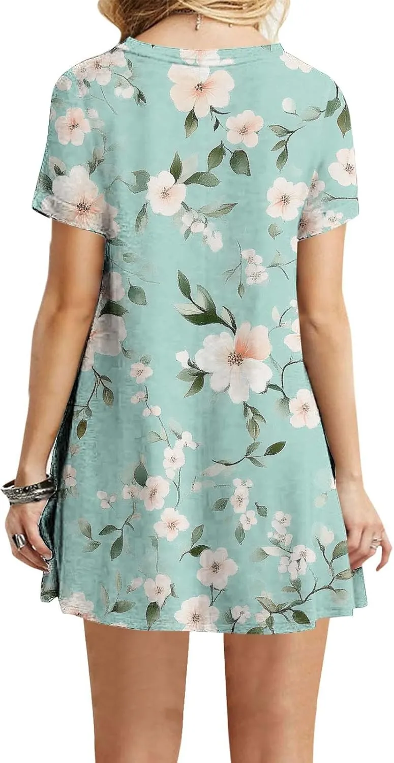 Womens Fashion Summer Shirtdress Floral Print Short Sleeve Round Neck A-Line Dresses 2025 Casual Mini Sundress
