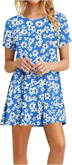 Womens Fashion Summer Shirtdress Floral Print Short Sleeve Round Neck A-Line Dresses 2025 Casual Mini Sundress
