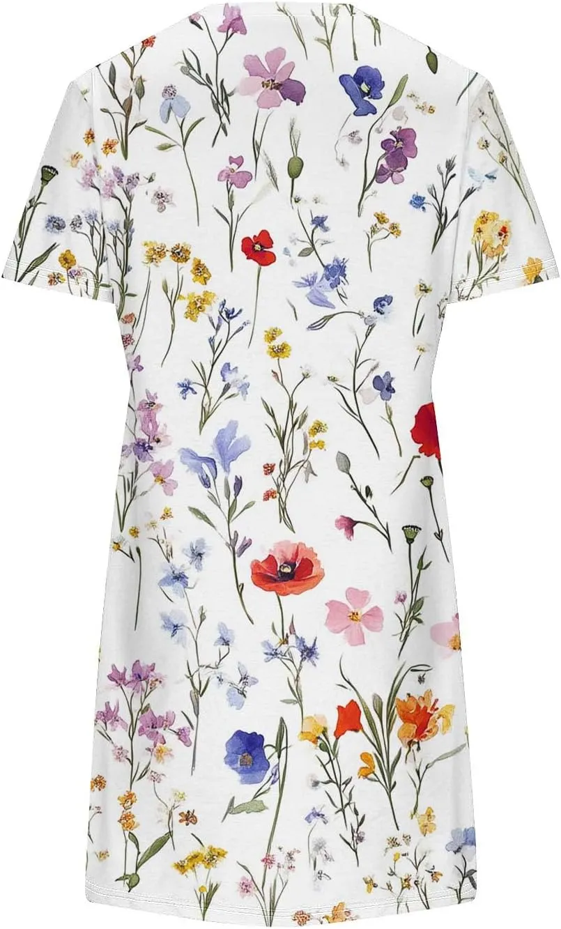 Womens Fashion Summer Shirtdress Floral Print Short Sleeve Round Neck A-Line Dresses 2025 Casual Mini Sundress