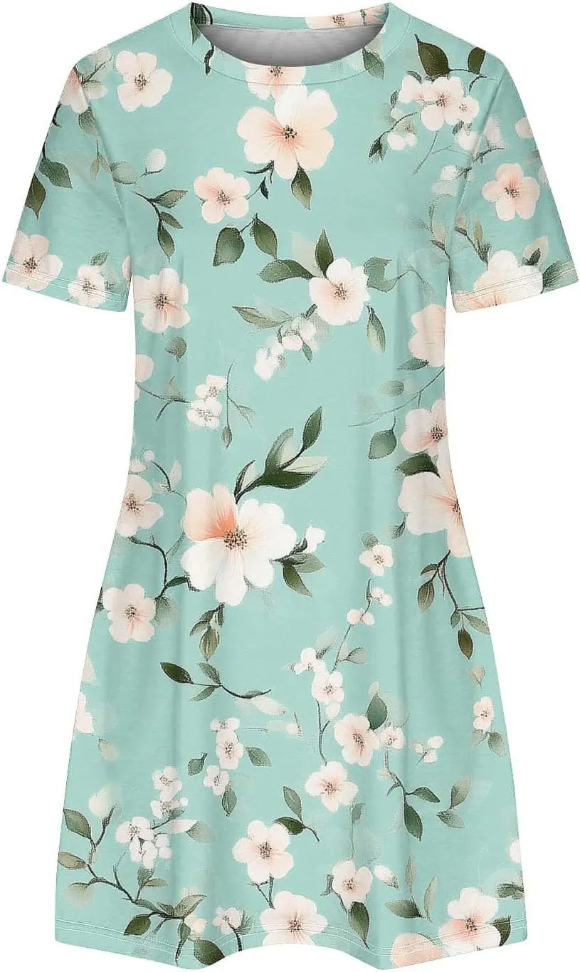 Womens Fashion Summer Shirtdress Floral Print Short Sleeve Round Neck A-Line Dresses 2025 Casual Mini Sundress