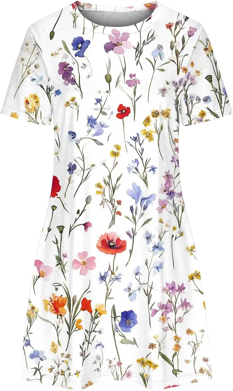 Womens Fashion Summer Shirtdress Floral Print Short Sleeve Round Neck A-Line Dresses 2025 Casual Mini Sundress