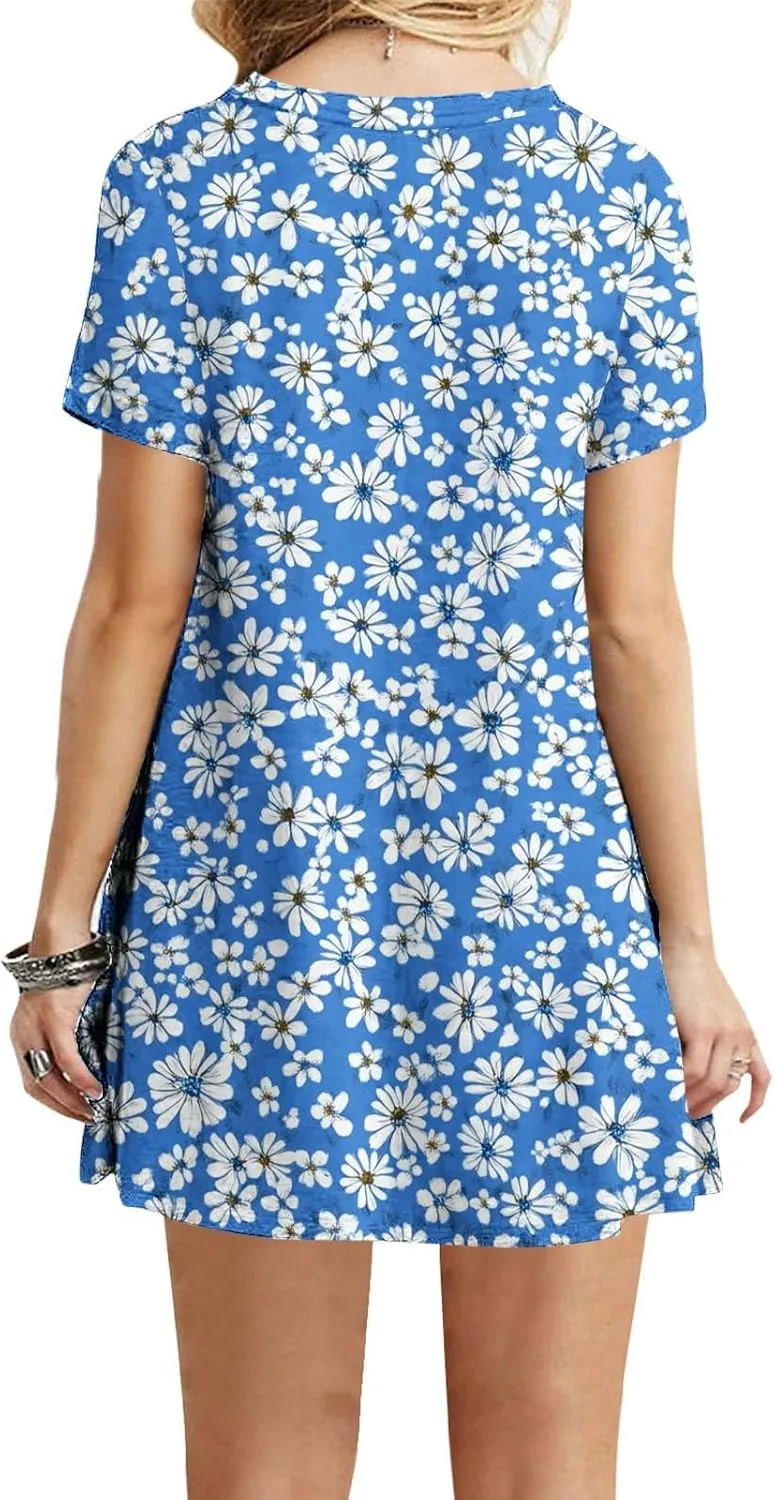 Womens Fashion Summer Shirtdress Floral Print Short Sleeve Round Neck A-Line Dresses 2025 Casual Mini Sundress