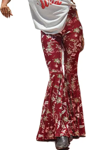 Women's Floral Print Elastic Waist Flare Pants Casual High Waist Slim Fit Long Pants Trousers Leggings Streetwear