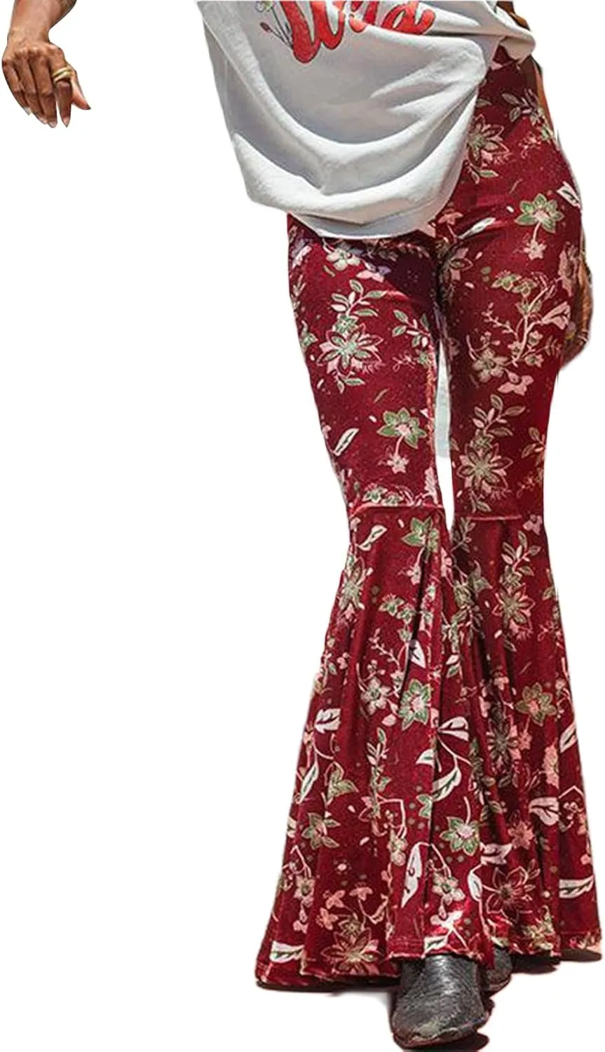 Women's Floral Print Elastic Waist Flare Pants Casual High Waist Slim Fit Long Pants Trousers Leggings Streetwear