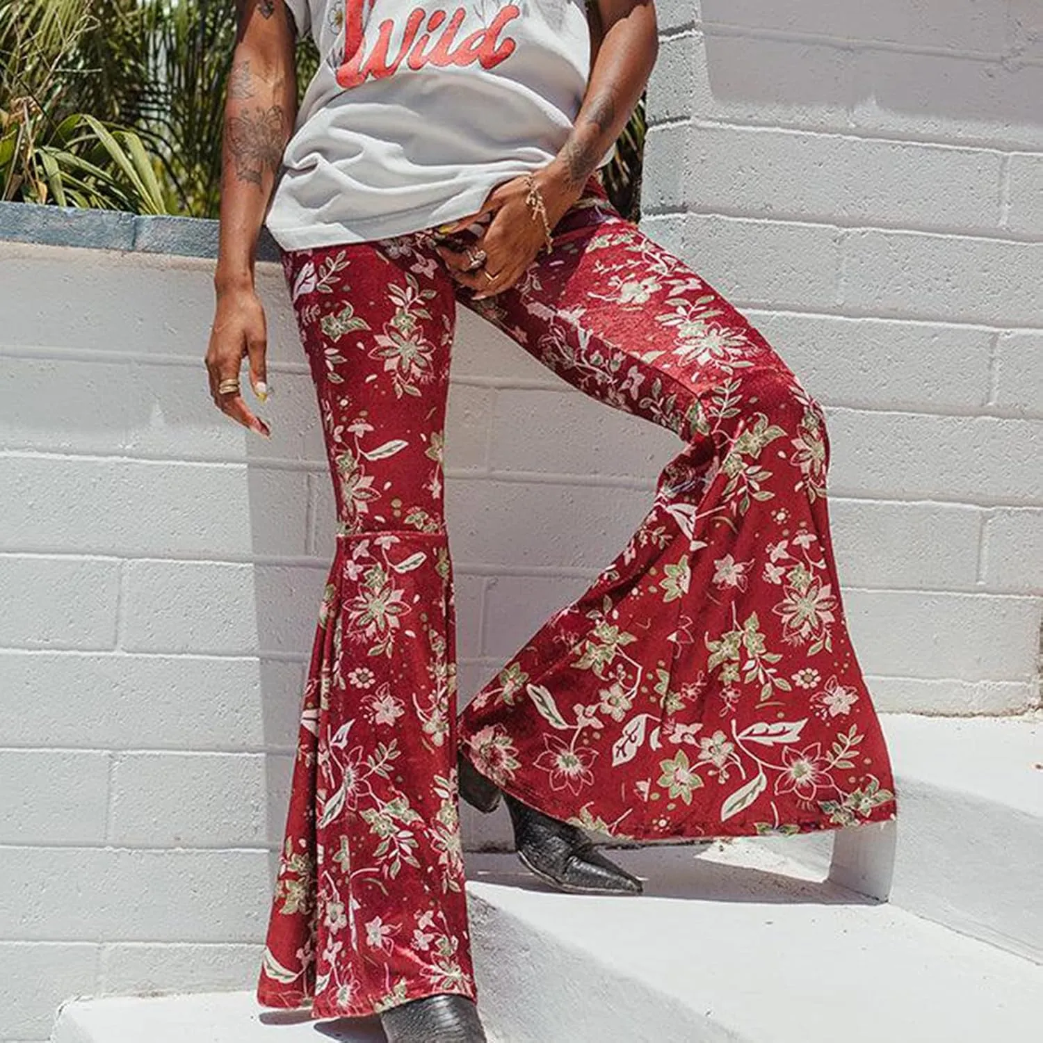 Women's Floral Print Elastic Waist Flare Pants Casual High Waist Slim Fit Long Pants Trousers Leggings Streetwear