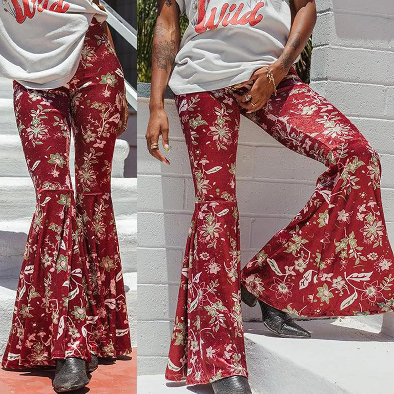 Women's Floral Print Elastic Waist Flare Pants Casual High Waist Slim Fit Long Pants Trousers Leggings Streetwear