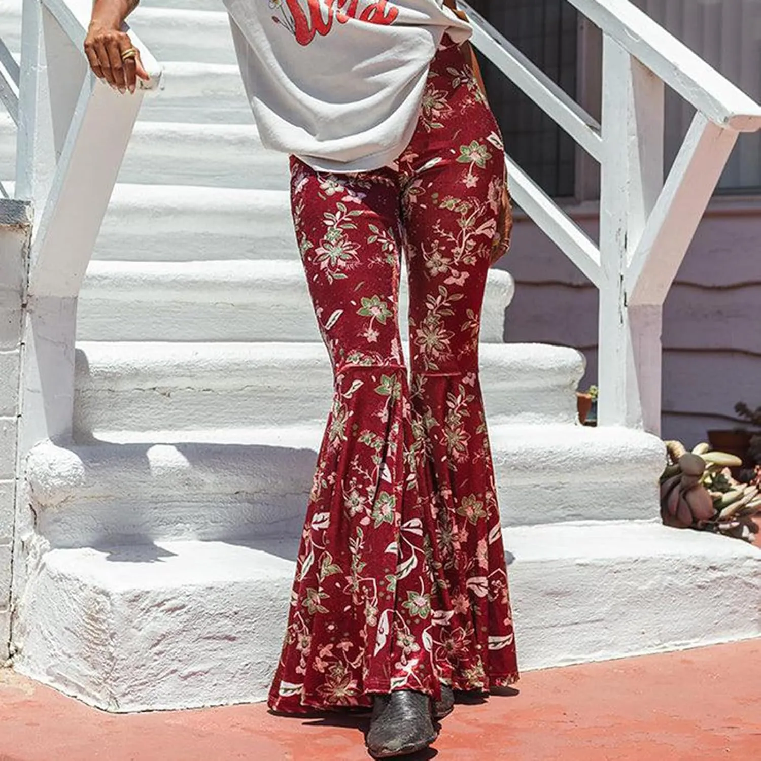 Women's Floral Print Elastic Waist Flare Pants Casual High Waist Slim Fit Long Pants Trousers Leggings Streetwear