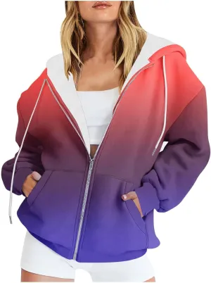 Womens Full Zip Up Sweatshirts Tid Dye Print Hoodies Long Sleeve Casual Jackets Winter Outfits 2024 With Pockets