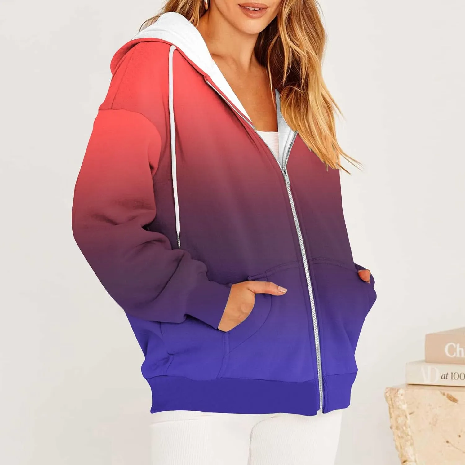Womens Full Zip Up Sweatshirts Tid Dye Print Hoodies Long Sleeve Casual Jackets Winter Outfits 2024 With Pockets