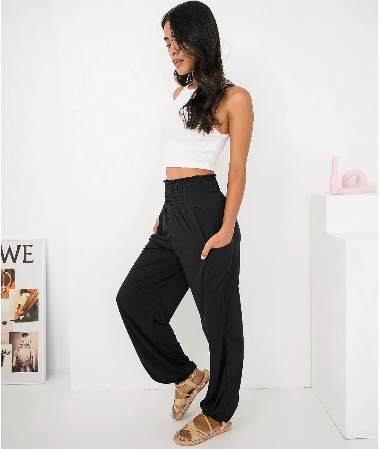 Women's Harem Pants High Waist Hippie Boho Yoga Palazzo Casual with Pockets