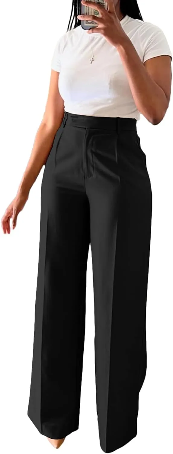 Women's High Waisted Dress Pants Stretchy Business Casual Pants Straight Leg Work Trousers with Pockets