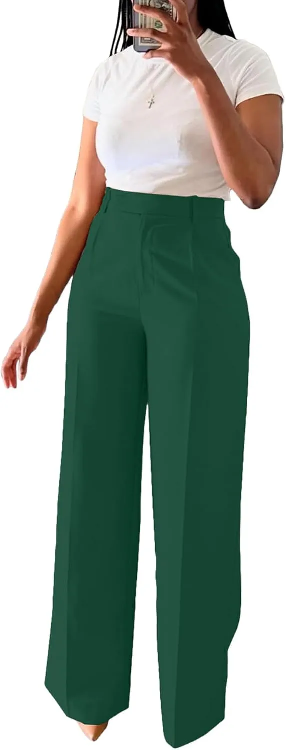 Women's High Waisted Dress Pants Stretchy Business Casual Pants Straight Leg Work Trousers with Pockets