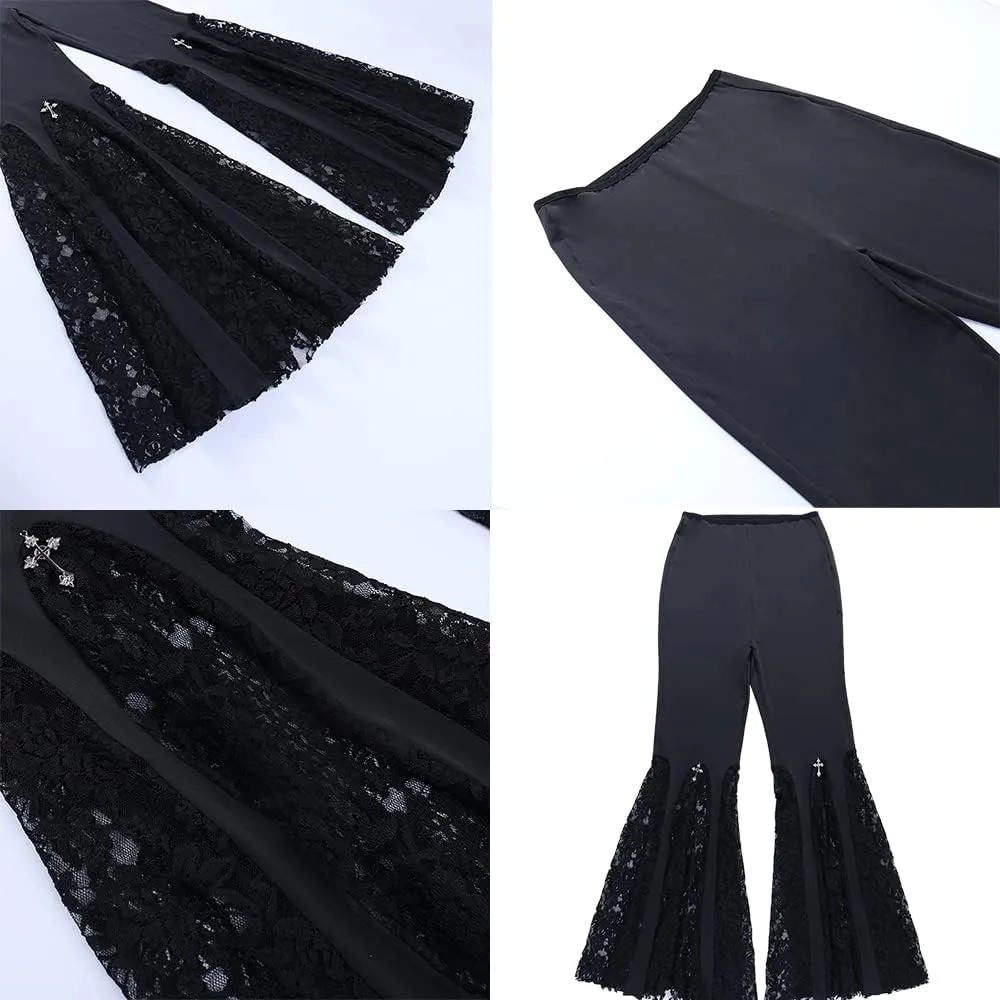 Womens Hollow Out Bell Bottom Cross Pendant Flared Pants Goth Punk Stretch Hippie Pants Bootcut Trousers