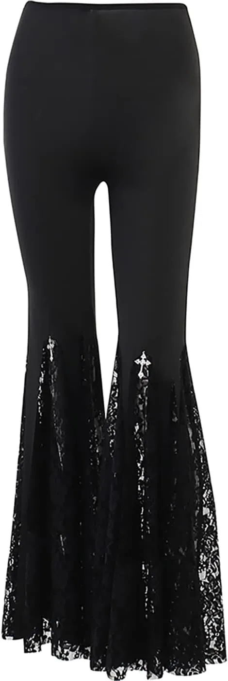 Womens Hollow Out Bell Bottom Cross Pendant Flared Pants Goth Punk Stretch Hippie Pants Bootcut Trousers